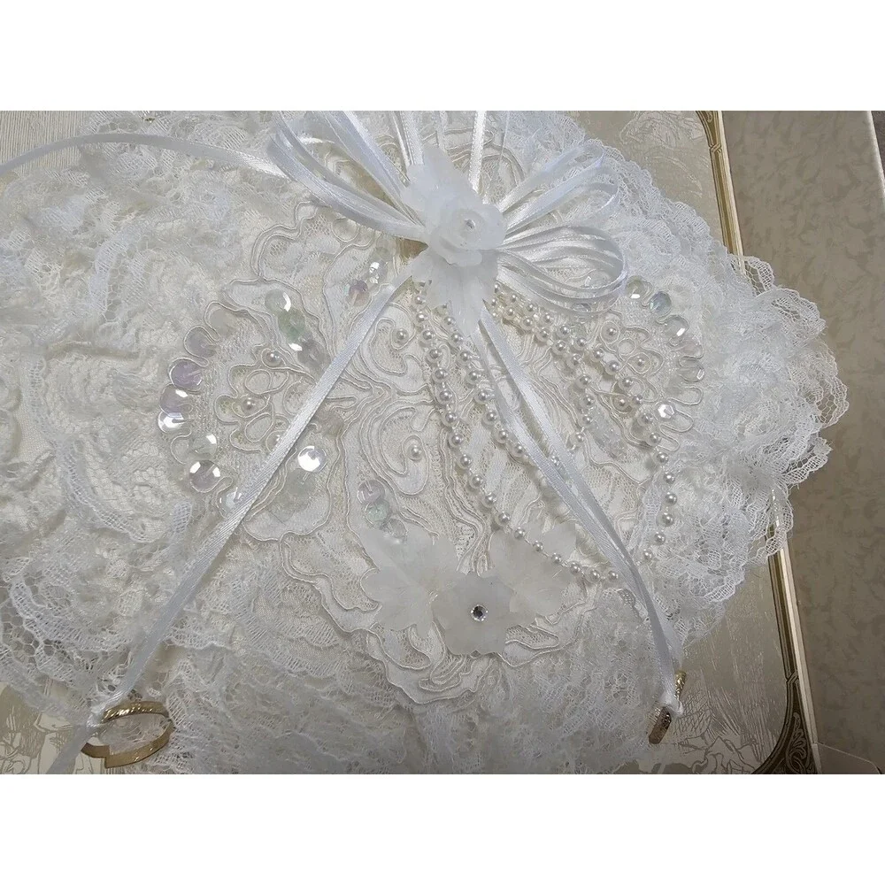 Lillian Rose Ring Bearer Pillow Vtg Layers of Lace Sequins Faux Pearls Ribbons